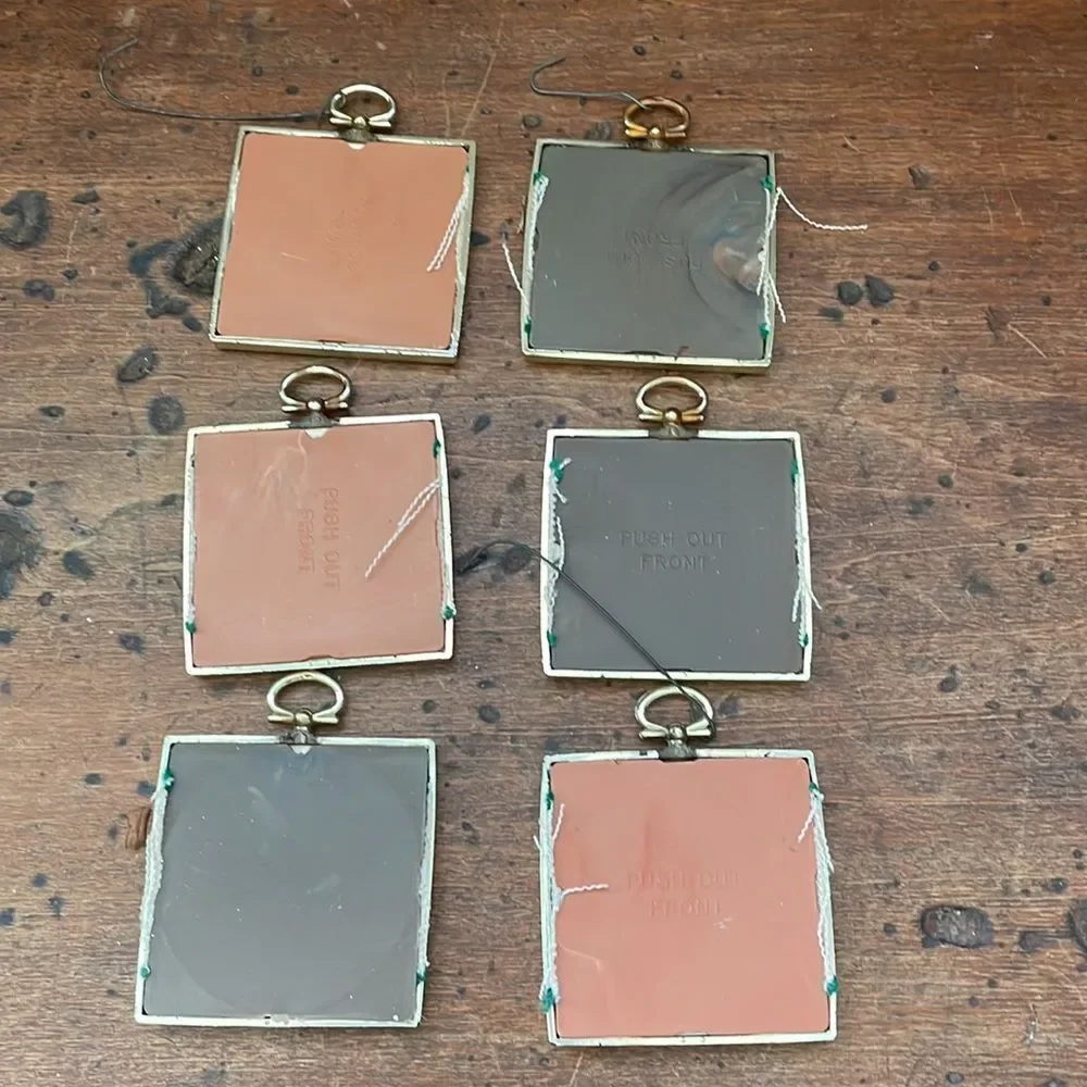 Vtg collection of‎ 6 handmade/homemade cross-stitch square gold frame ornaments